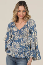 Load image into Gallery viewer, 6594- Flare Bell Sleeve Printed Top-BLUE
