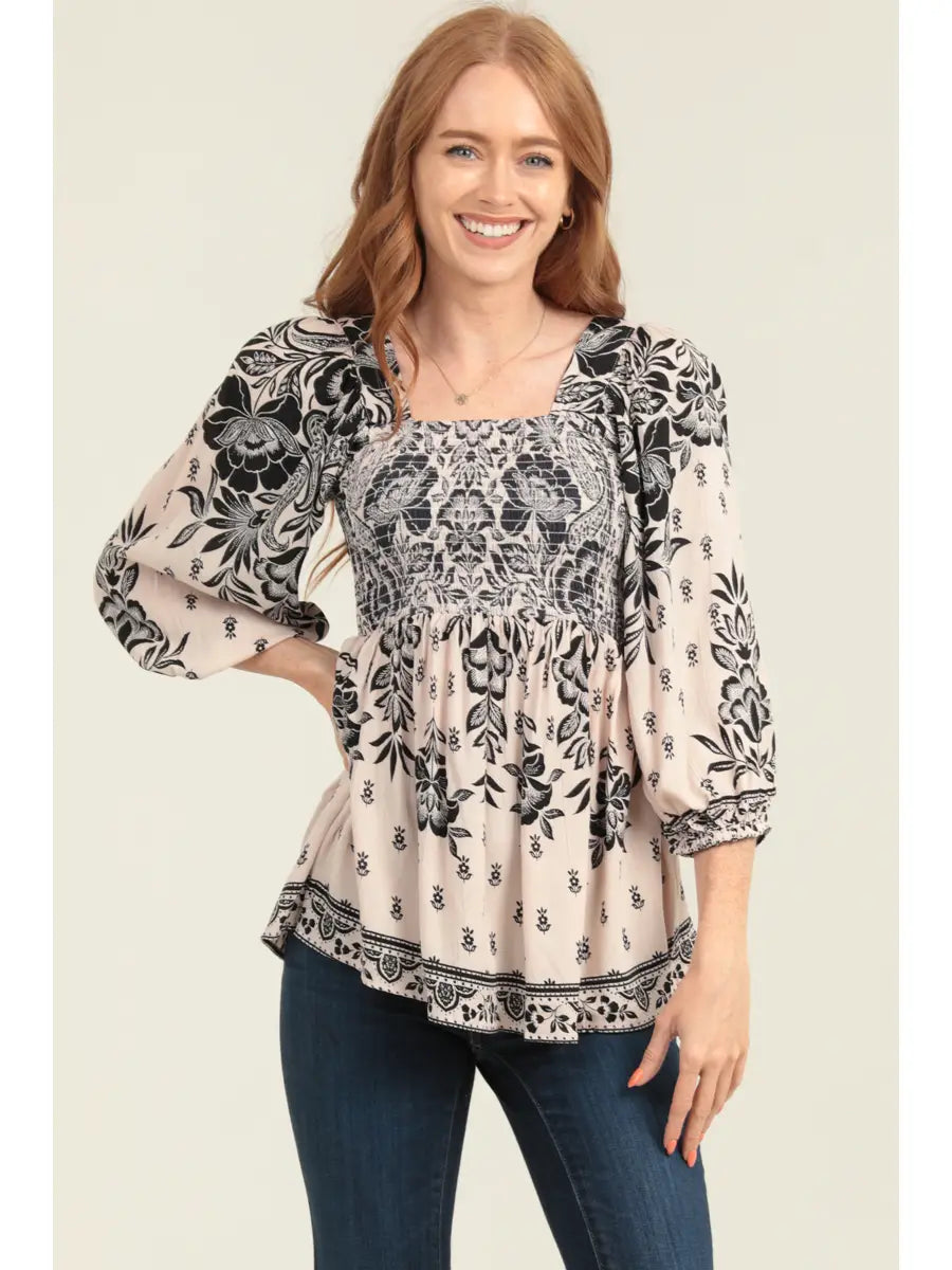 5586-Square Neck Long Sleeve Smocked Bust Blouse-CREAM