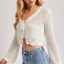 Load image into Gallery viewer, 6124- Open Knit Crochet Front-Tie Cropped Cardigan -IVORY
