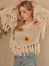 Load image into Gallery viewer, 6187- Sunflower Patched Crochet Sweater with Fringe
