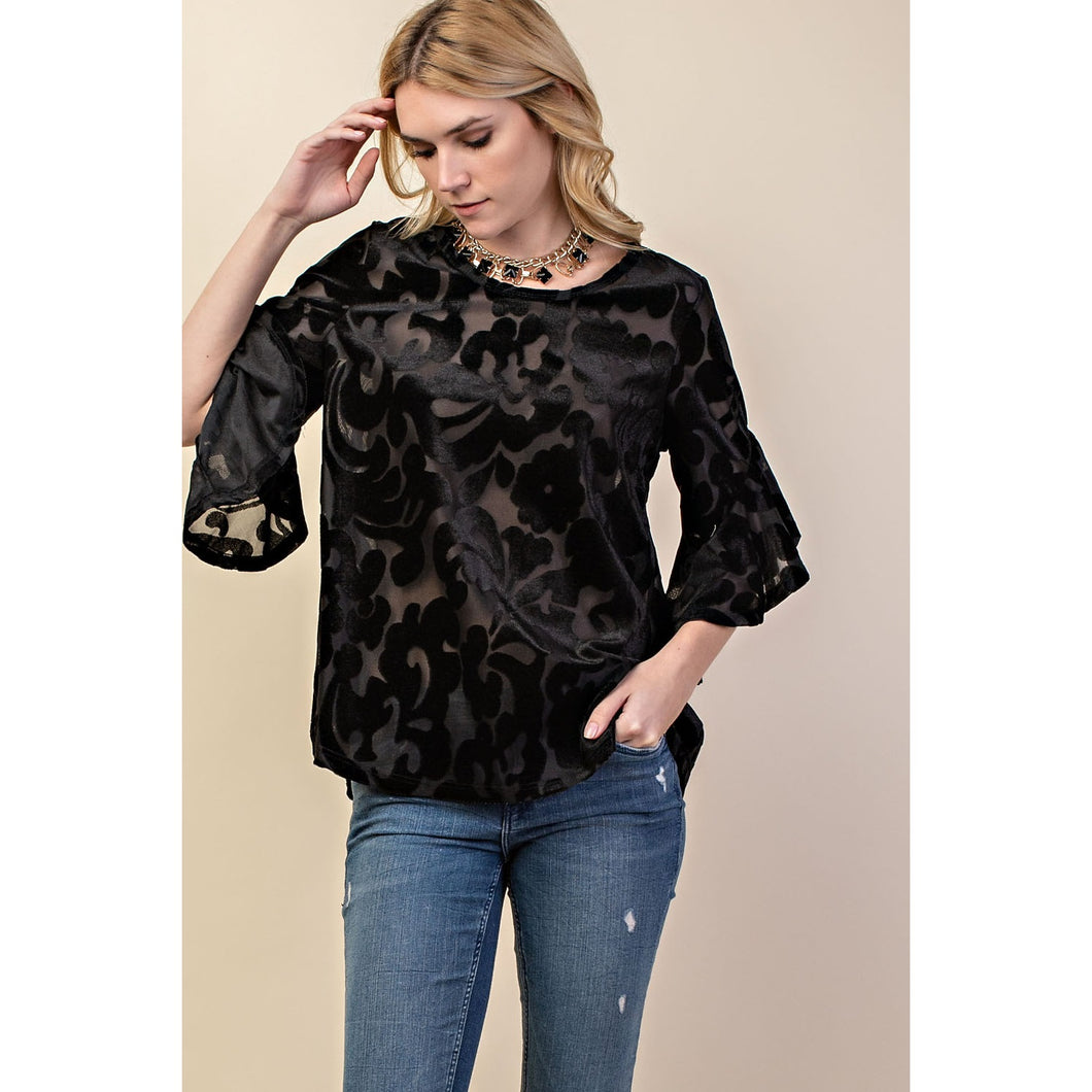 5497-Velvet Ruffle Sleeve Knit Top-BLACK