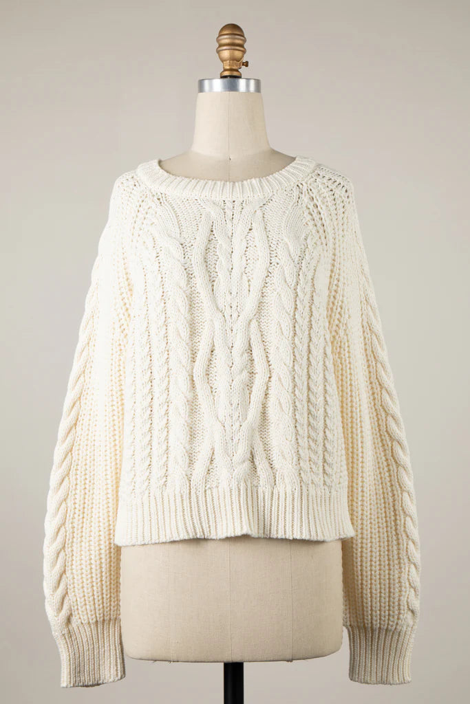 4896-Cable Braid Crochet Knit Cropped Sweater Top-CREAM