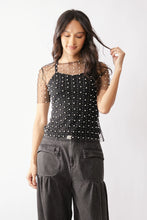 Load image into Gallery viewer, 5230-Bead and Pearl Embellished Short Sleeves Mesh Top-BLACK
