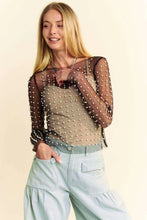 Load image into Gallery viewer, 5525-Bead and Pearl Embellished Long Sleeves Mesh Top-BLACK
