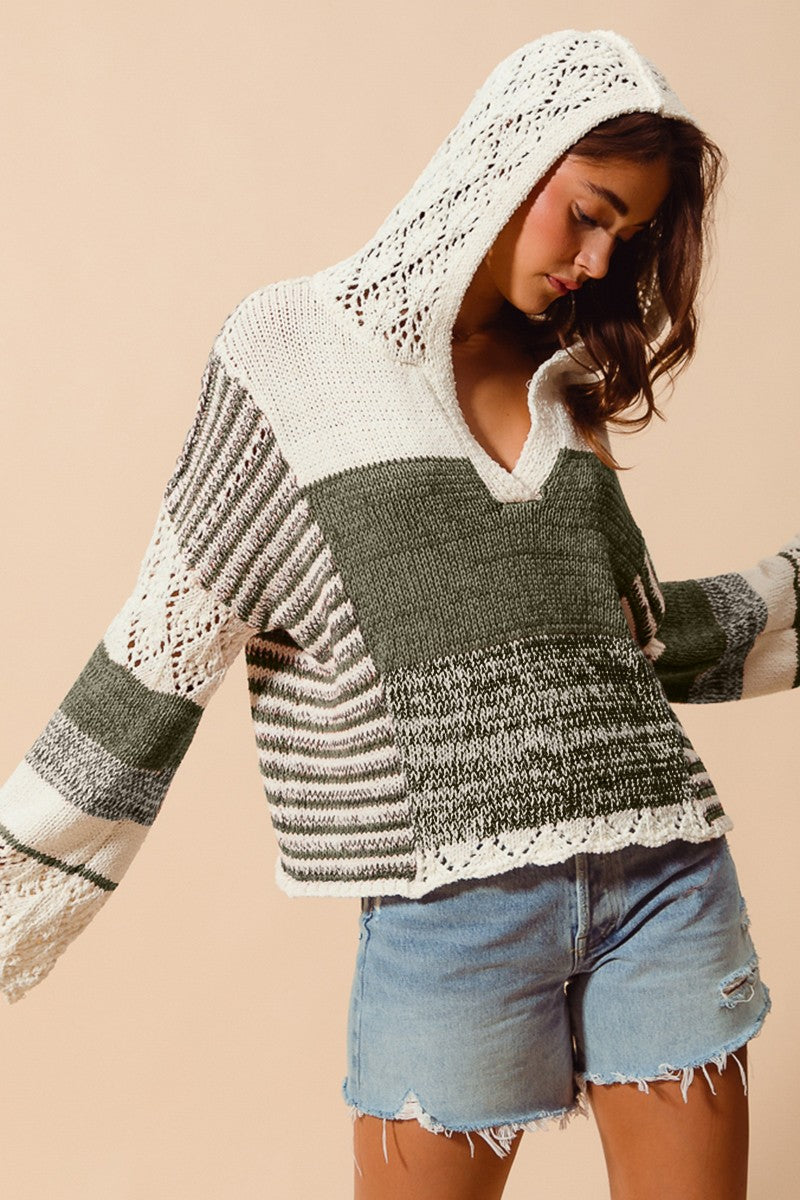 4905-COLOR BLOCK HOODED SWEATER TOP-IV/OLIVE