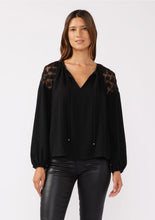 Load image into Gallery viewer, 5438-Embroidered Mesh Long Sleeve Tie Neck Blouse-BLACK
