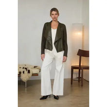 Load image into Gallery viewer, 6456- Mixed Media Faux Leather Draped Jacket-OLIVE
