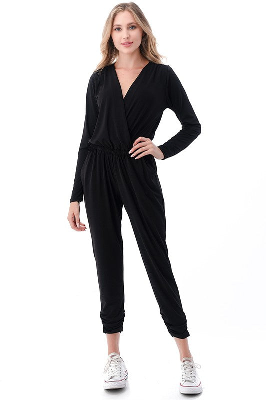 5436-Long Sleeve Surplice Jumpsuit-BLACK