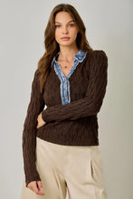 Load image into Gallery viewer, 6576- Denim Mix Textured Knit Henley Top-CHOCOLATE
