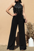 Load image into Gallery viewer, 3841-SEQUIN MOCK TIE WOVEN JUMPSUIT
