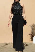 Load image into Gallery viewer, 3841-SEQUIN MOCK TIE WOVEN JUMPSUIT
