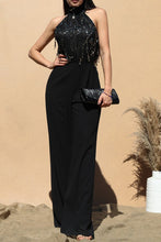 Load image into Gallery viewer, 3841-SEQUIN MOCK TIE WOVEN JUMPSUIT
