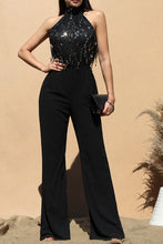 Load image into Gallery viewer, 3841-SEQUIN MOCK TIE WOVEN JUMPSUIT
