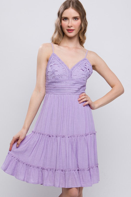 5160-Laced Paneled Tie Back Midi Dress-LAVENDER