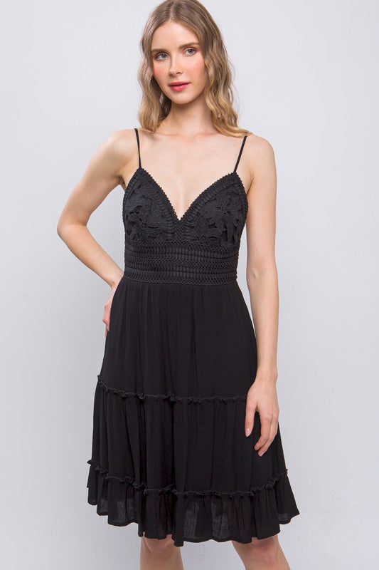5158-Laced Paneled Tie Back Midi Dress-BLACK