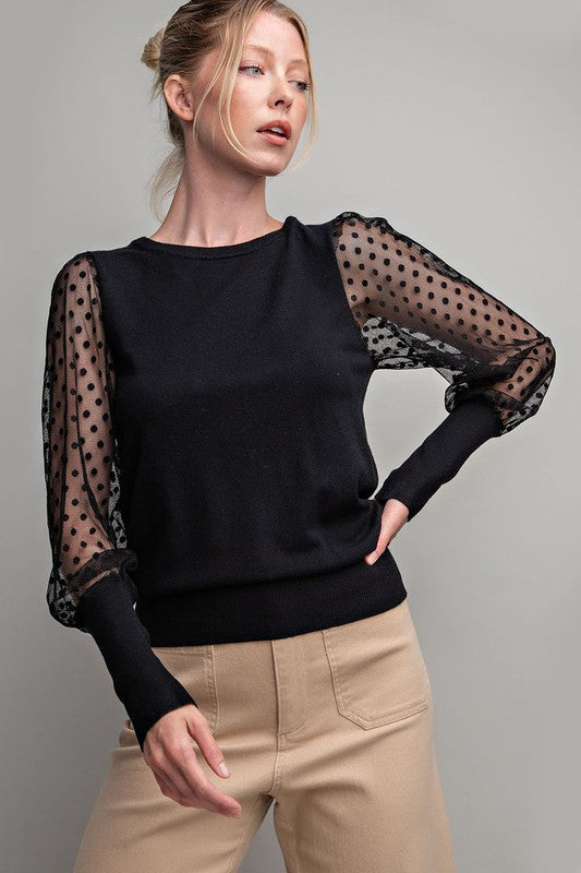 3884-POLKA DOT CREW NECK SWEATER-BLACK