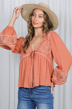 Load image into Gallery viewer, 6344- Eyelet Lace Tie Front V-Neck Long Puff Blouse -SIENNA
