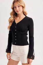 Load image into Gallery viewer, 6357-Lace Cuff Ribbed Knit V-Neck Top-BLACK
