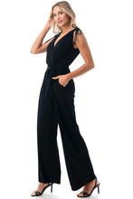 Load image into Gallery viewer, 3648-SURPLICE FRONT WAIST TIE JUMPSUIT-BLACK
