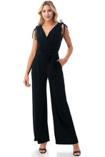 Load image into Gallery viewer, 3648-SURPLICE FRONT WAIST TIE JUMPSUIT-BLACK
