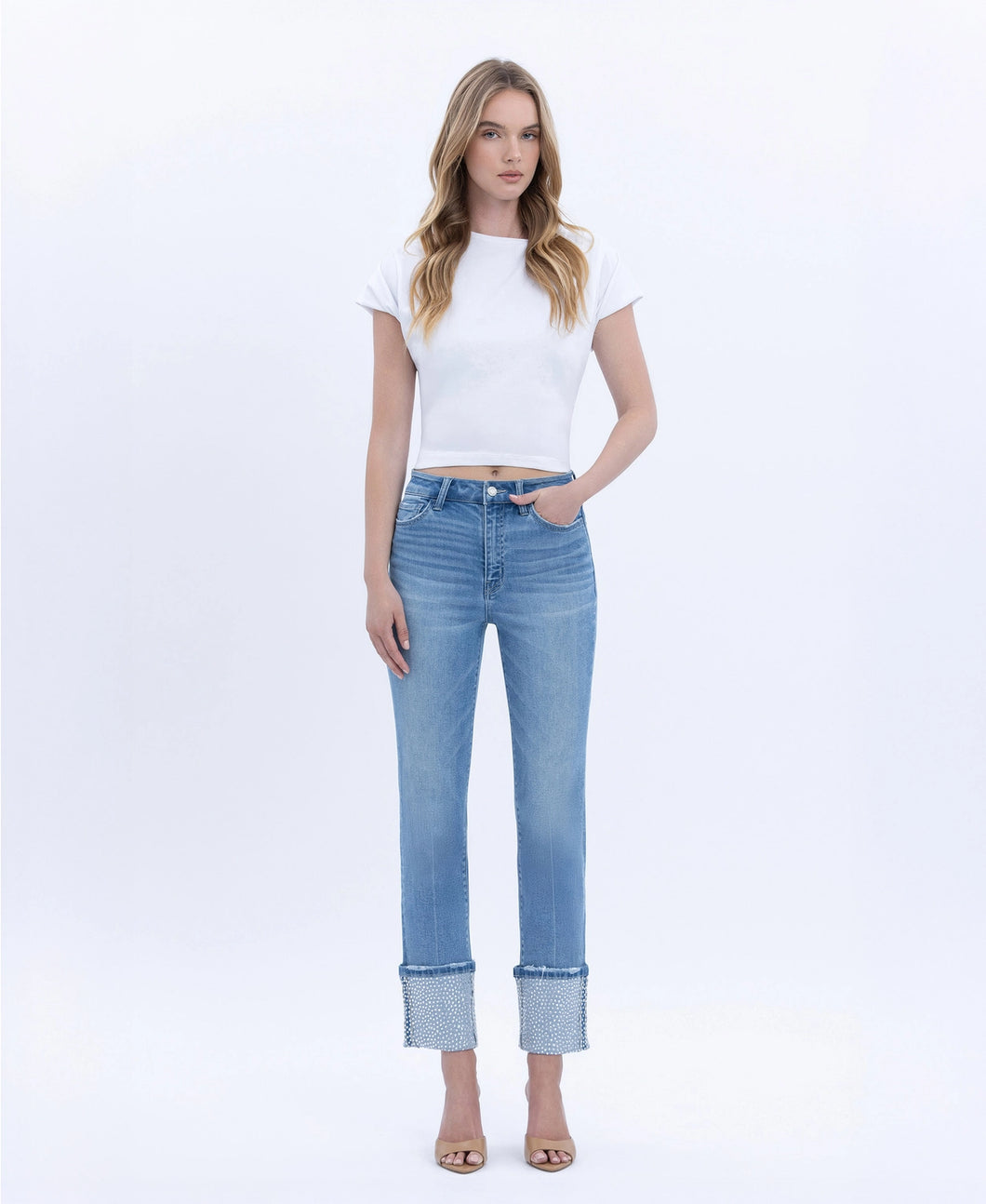 5559- VERVET HR Rhinestone Cuffed Slim Straight Jeans