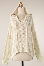 Load image into Gallery viewer, 5357-Lace Up Open Cable Knit Chenille Hoodie Sweater--BEIGE
