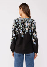 Load image into Gallery viewer, 5590-Blue Floral V-Split Smocked Neck Blouse-BLACK
