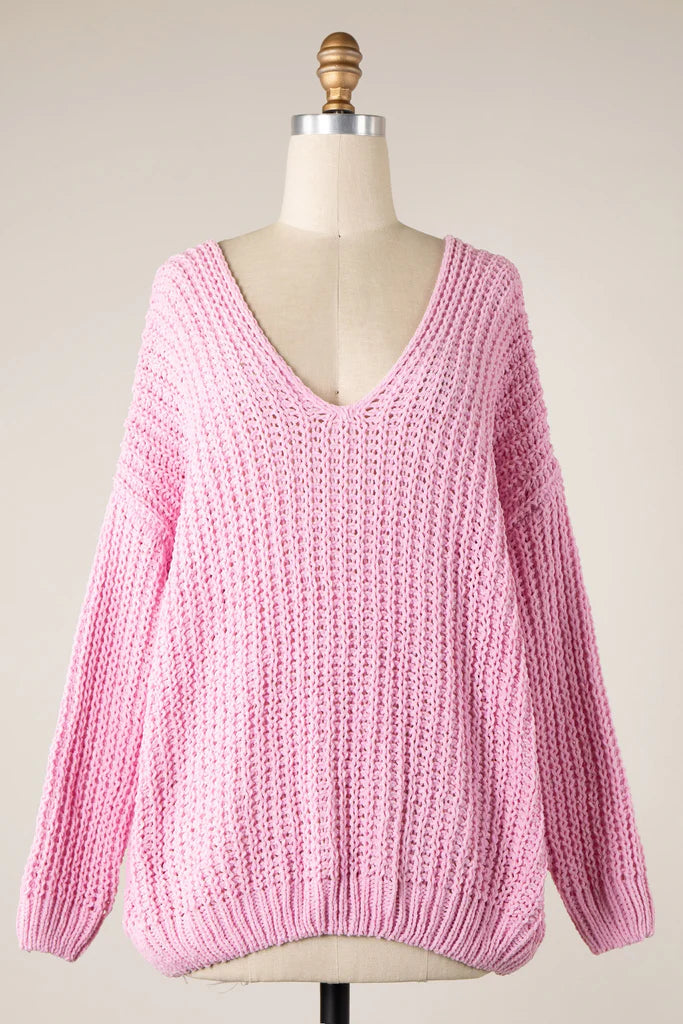 4897-V NECK OPEN CABLE KNIT CHENILLE SWEATER-PINK