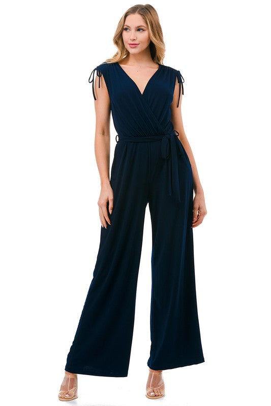 4225-SURPLICE FRONT WAIST TIE JUMPSUIT-NAVY