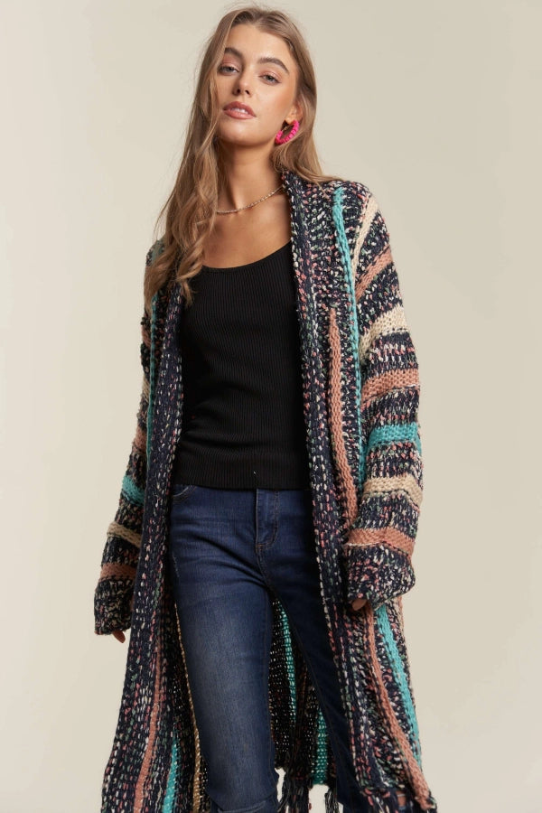 4770-FRINGE HEM MULTI STRIPE CARDIGAN-NAVY