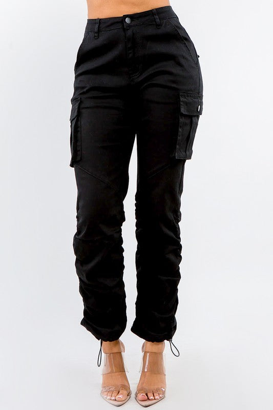 3738-HIGH WAIST SHIRRED LEG JOGGER PANTS -BLACK