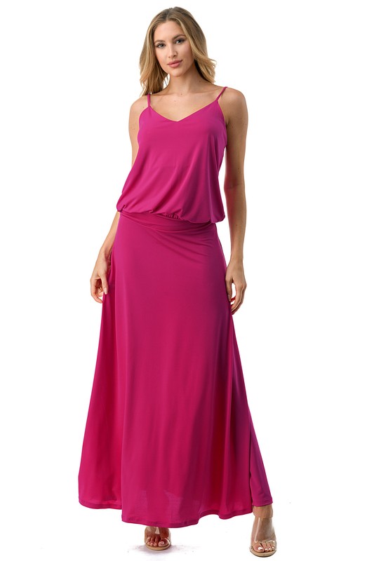 3537-BANDED WAISTLINE  MAXI DRESS-HOT PINK