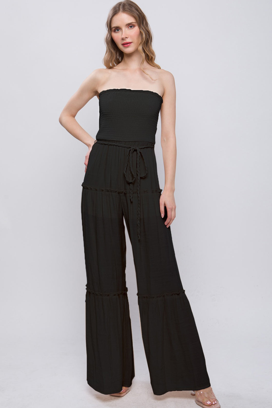 4419-Woven Sleeveless Smocked Ruffle Jumpsuit-BLACK