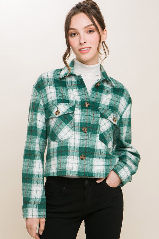 3704-Plaid Button Down Crop Shacket-GREEN