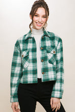 Load image into Gallery viewer, 3704-Plaid Button Down Crop Shacket-GREEN
