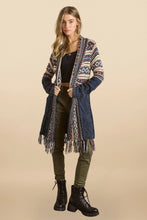 Load image into Gallery viewer, 6526- Fringe Hem Tribal Sweater Cardigan-NAVY
