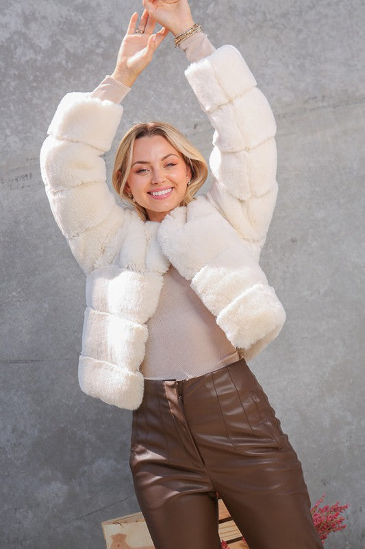 3835-Long sleeve open front faux fur jacket -IVORY