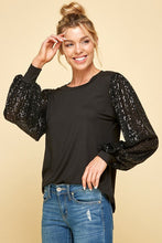 Load image into Gallery viewer, 3910-Solid Top with Sequins Detailed Sleeves-BLACK
