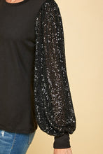 Load image into Gallery viewer, 3910-Solid Top with Sequins Detailed Sleeves-BLACK
