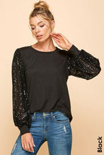 Load image into Gallery viewer, 3910-Solid Top with Sequins Detailed Sleeves-BLACK
