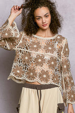 Load image into Gallery viewer, 5811- POL  Floral Weave Knit Long Sleeve Crochet Top-BROWN
