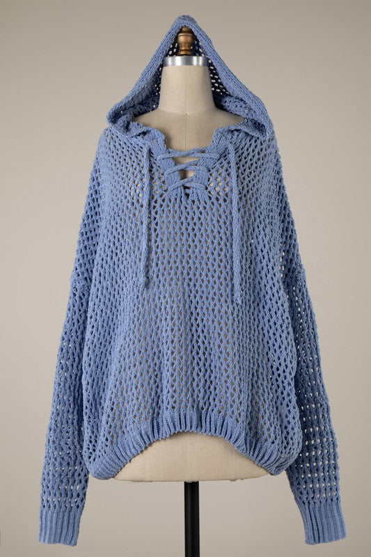 5356-Lace Up Open Cable Knit Chenille Hoodie Sweater-BLUE
