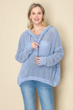 Load image into Gallery viewer, 5356-Lace Up Open Cable Knit Chenille Hoodie Sweater-BLUE
