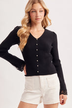 Load image into Gallery viewer, 6357-Lace Cuff Ribbed Knit V-Neck Top-BLACK

