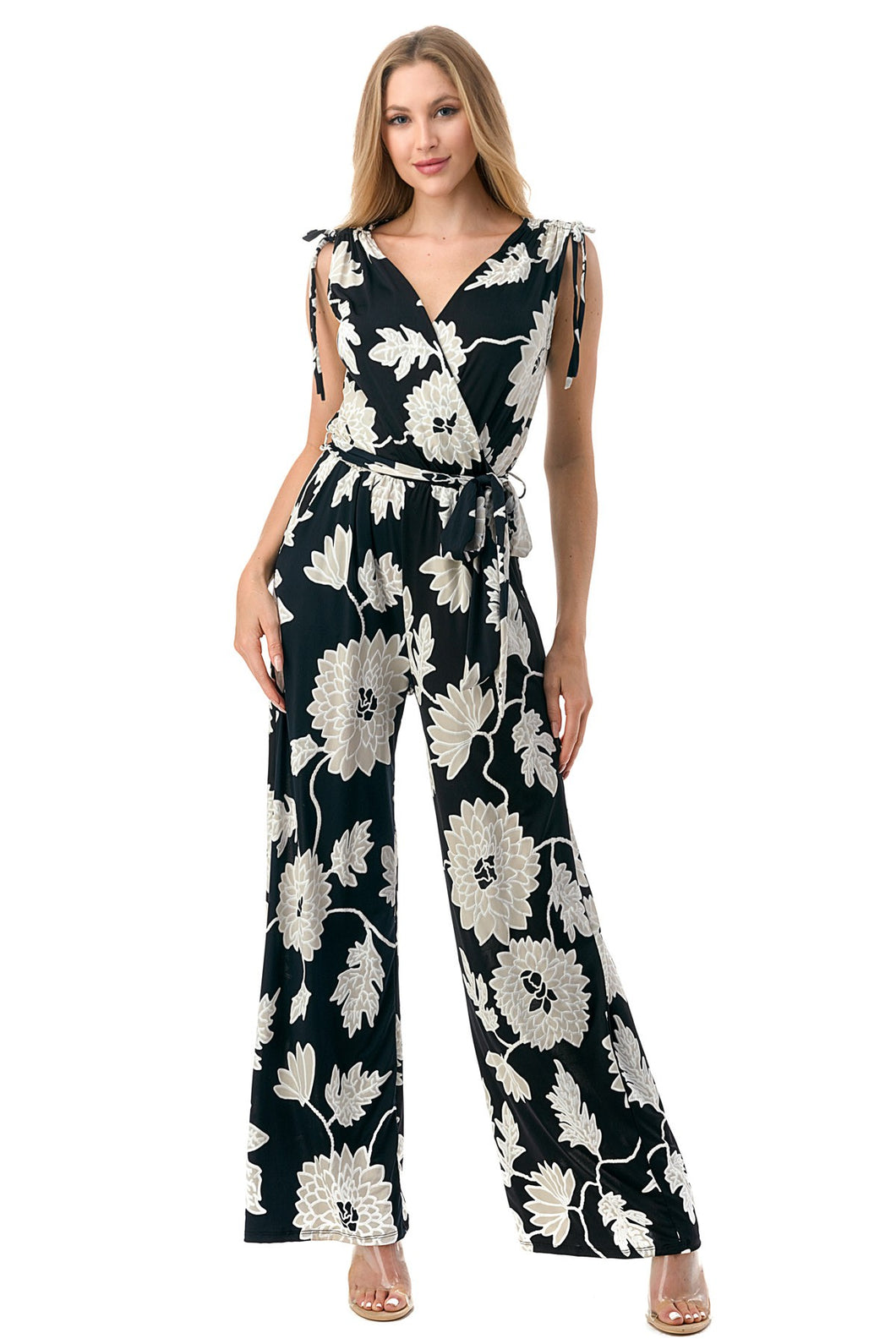 5126-Surplice Wide Leg Jumpsuit With Belt-BLACK FLORAL