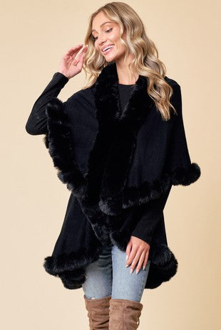 4684-Faux Fur Shawl Women Fine Knit Open-BLACK