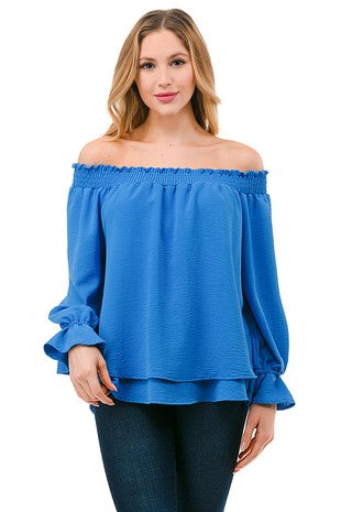 5184-Double Layer Off Shoulder Top-TURQ