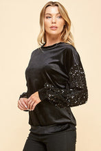 Load image into Gallery viewer, 3913-Velvet Sweatshirt with Sequins Sleeve -BLACK
