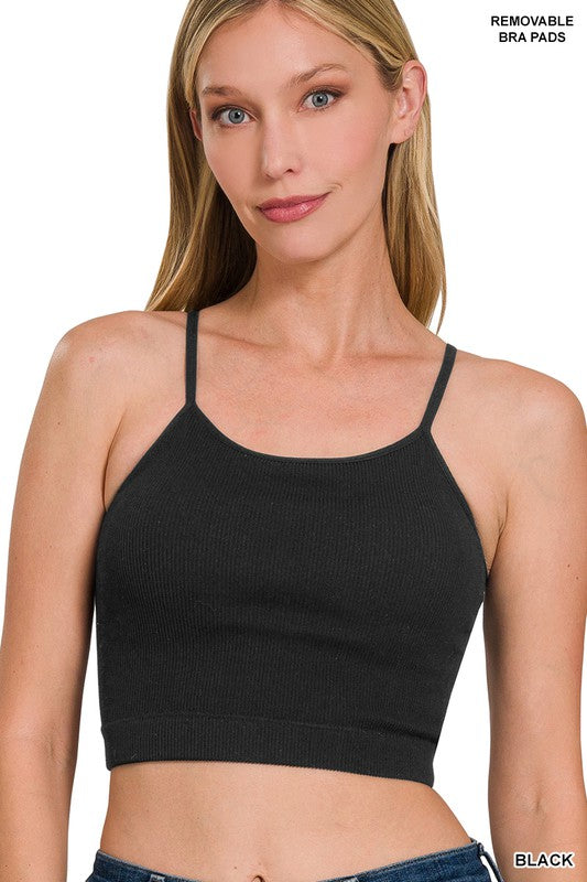 3953-RIBBED CROPPED CAMI WITH BRA PADS-BLACK