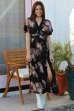 Load image into Gallery viewer, 3815-V NECK SMOCKED WAIST SIDE SLIT MAXI DRESS blk
